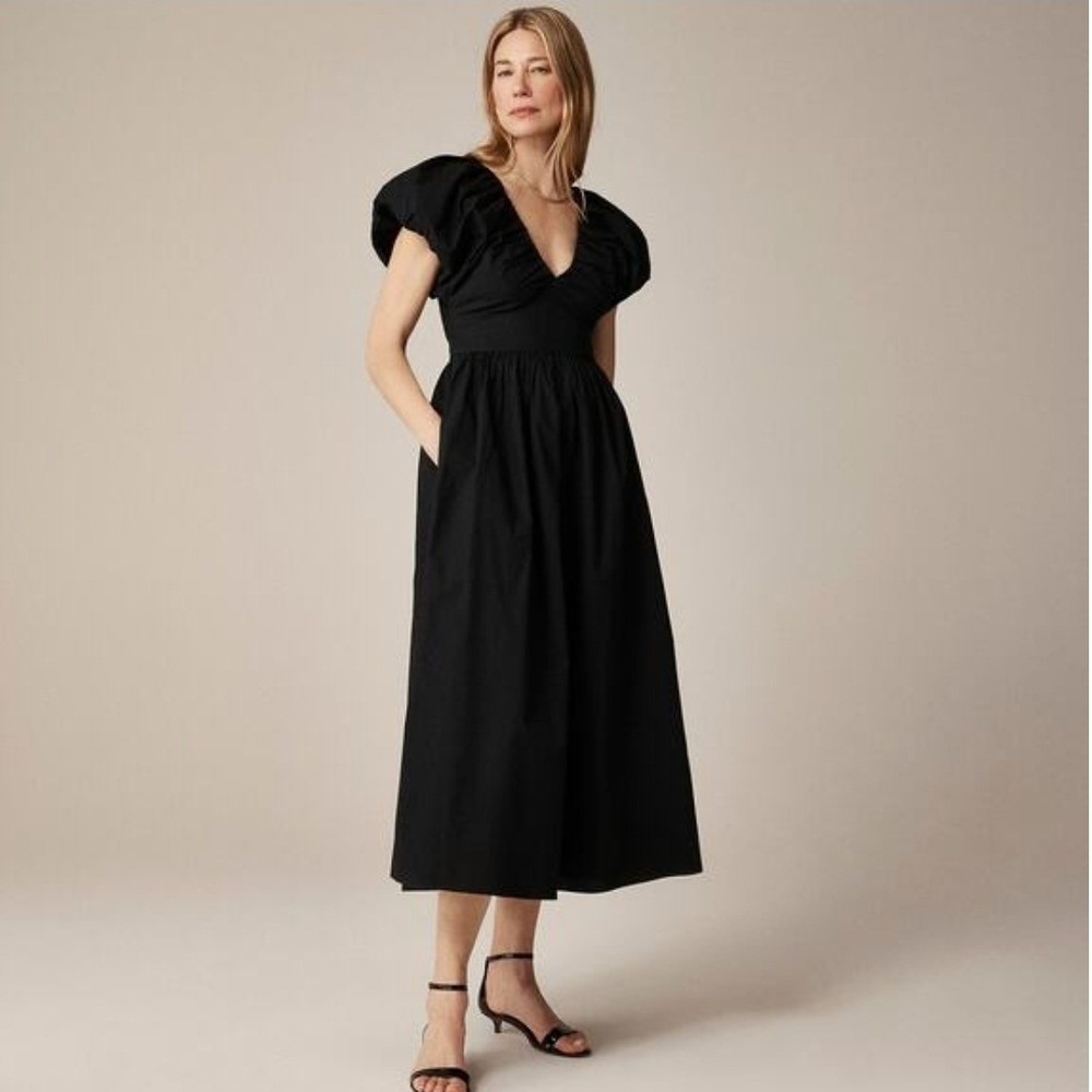 J. Crew Collection NWT Black Puff Sleeve Cotton Poplin Midi Dress CG087 Size 10